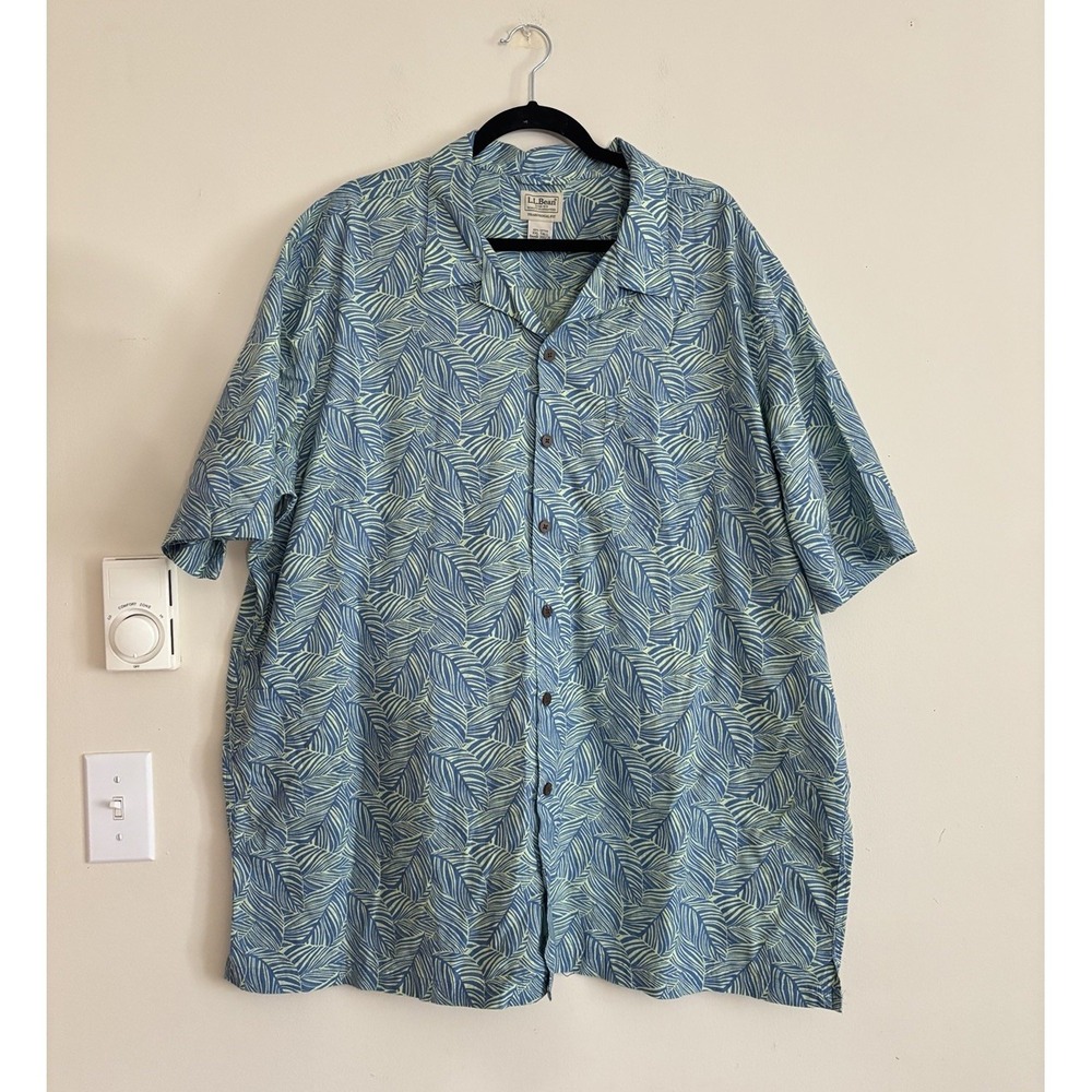 LL Bean Mens Tropics Shirt Casual Button Down XXL Tall Blue Green 100% Cotton